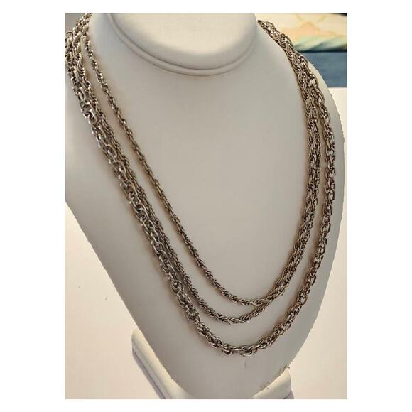 Vintage Silver Tone Triple Strand Rope Chain Necklace, 24" L - Picture 2 of 10